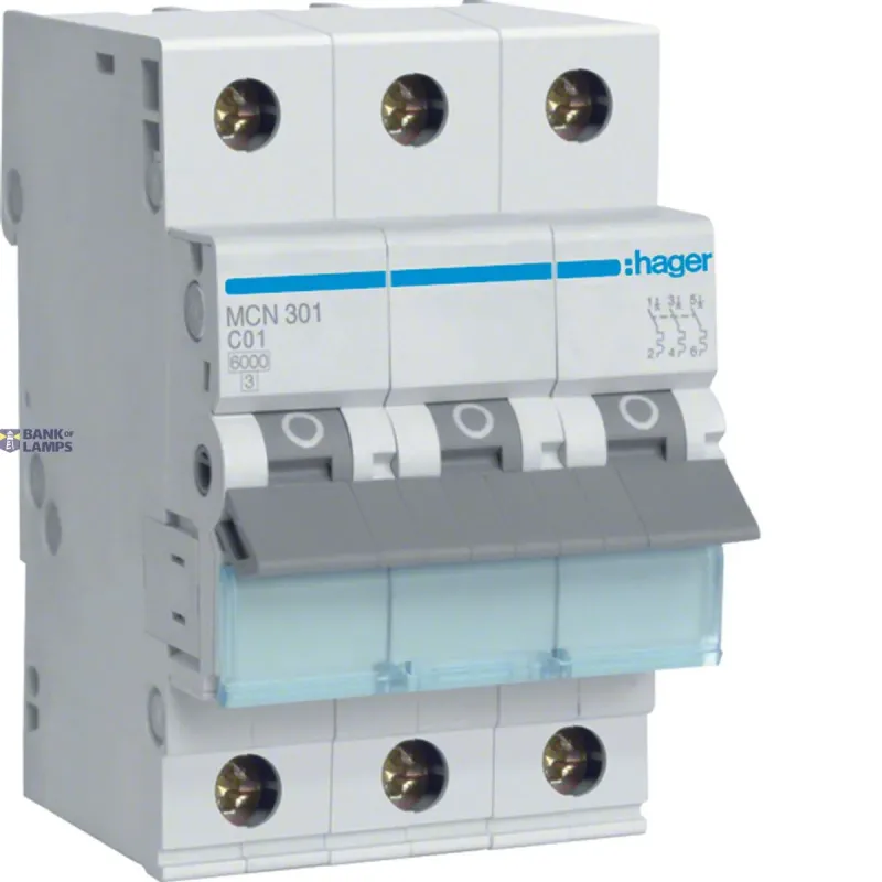Hager Miniature Circuit Breaker 3P, 6 kA C-1 A, 3M MCN301