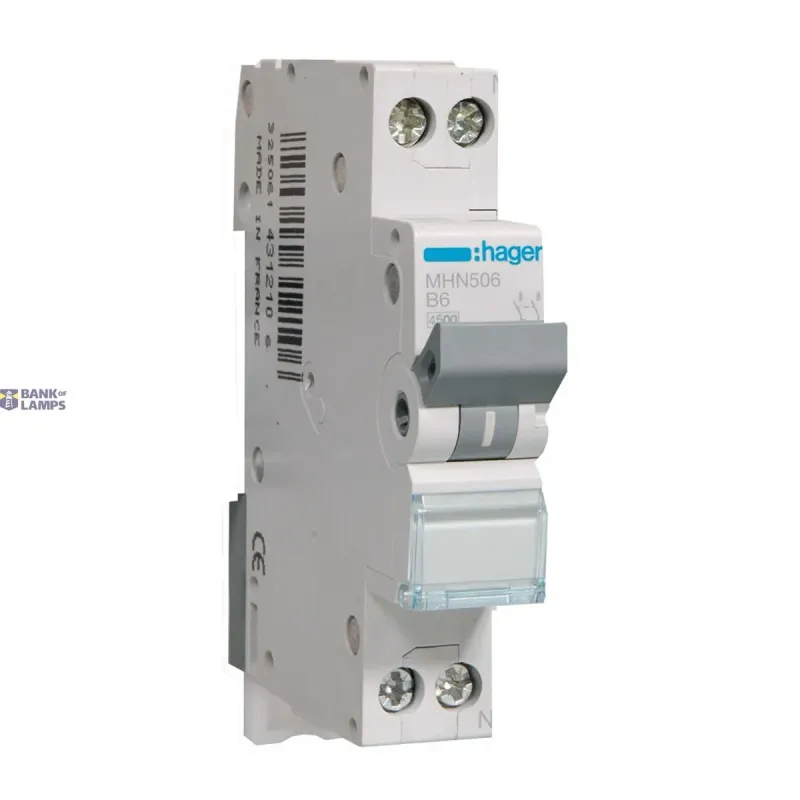 Hager Miniature Circuit Breaker 1P+N, 4.5 kA B-6 A, 1M MHN506