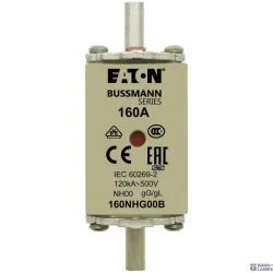 EATON 160NHG00B — Fuse-link, LV, 160 A, AC 500 V, NH00, gL/gG, IEC, dual indicator, live gripping lugs