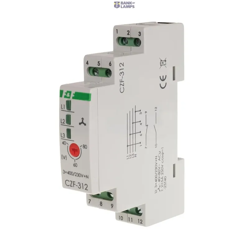 F&F Phase Control Relay CZF-312 40-80 V, 3 × 400 V + N, 2 × 5A CZF-312