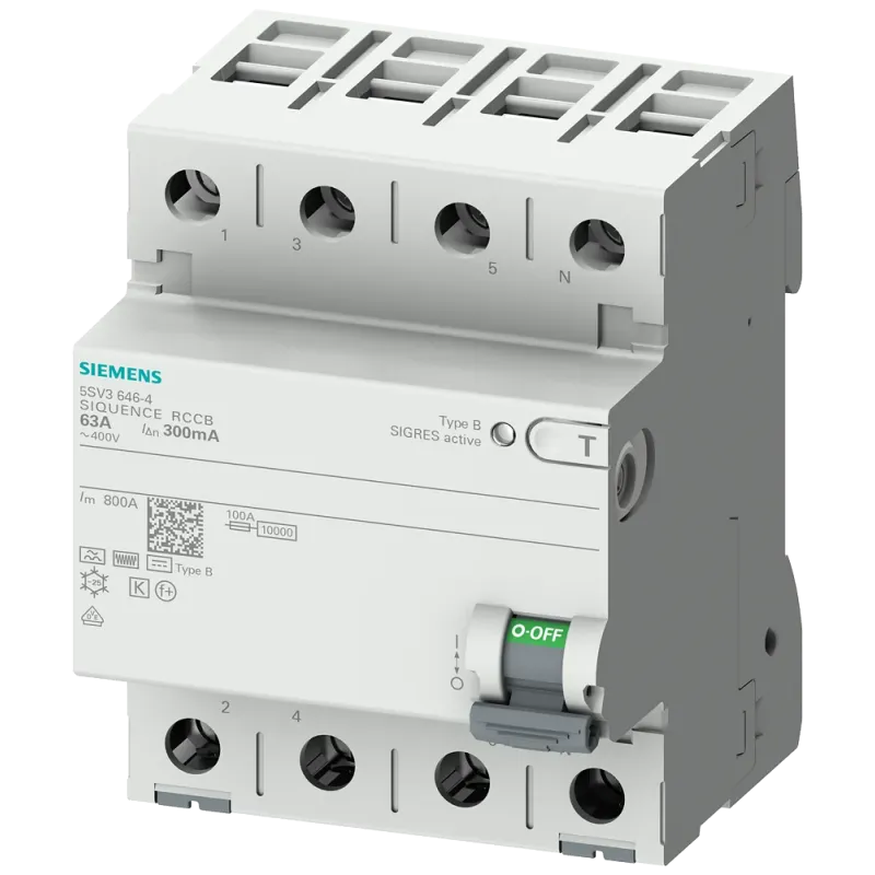 Siemens RCCB, 4-pole, type B, short-time delayed, In: 63 A, 300 mA 5SV3646-4