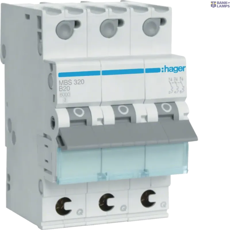 Hager Miniature Circuit Breaker 3P, 6 kA B-20 A Quick Connect, 3M MBS320