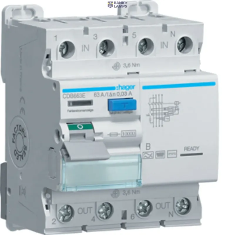 Hager Residual Current Circuit Breaker 3P+N, 63 A, 30 mA B CDB663E
