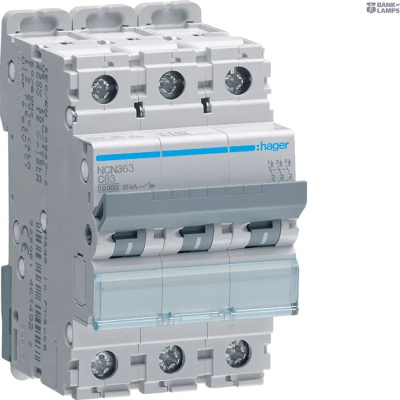 Hager Miniature Circuit Breaker 3P C-curve, 63 A, 10 kA, 15 kA 3 NCN363