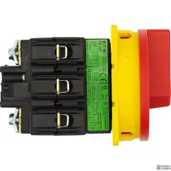 EATON 074320 — P3-100/EA/SVB Main switch, P3, 100 A, flush mounting, 3 pole, Emergency switching off function, With red rotary handle and yellow locking ring, Lockable in the 0 (O