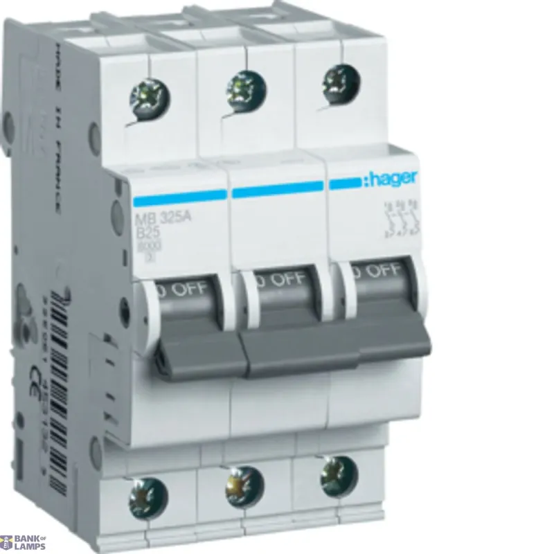 Hager Miniature Circuit Breaker 3P, 6 kA B-25 A, 3M MB325A
