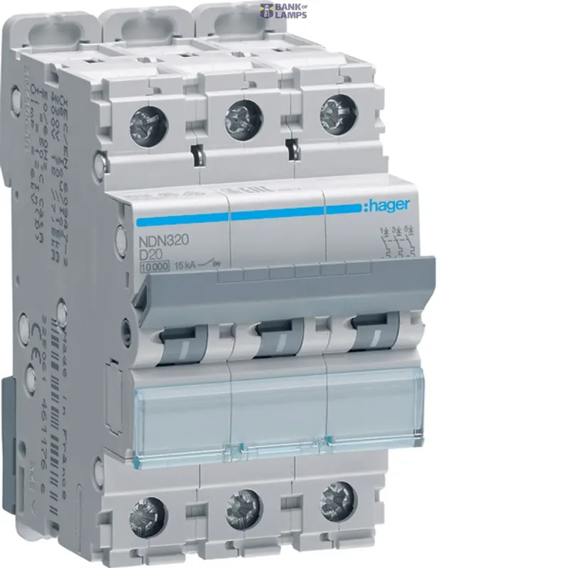 Hager Miniature Circuit Breaker 3P, 10 kA/15 kA D-20 A, 3M NDN320
