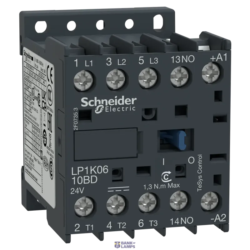 Schneider Electric Contactor TeSys K, 3P, 6 A, 440 V, 1NO, IP2X, 24 V DC, Rail LP1K0610BD