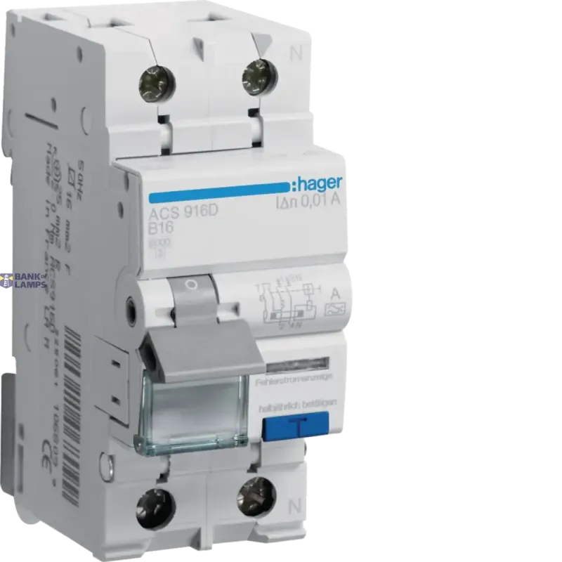 Hager Circuit Breaker Differential, 1P+N, 16 A, 10 mA, 6 kA, type ACS916D