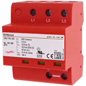 Dehn 941300 — Combined Arrester application-optical shield, type 1+2, for three-phase, TN-C, Uc 255V AC, Iimp 37.5kA, 3-Pole Dehn 941300 — Combined Arrester application-optical shield, type 1+2, for three-phase, TN-C, Uc 255V AC, Iimp 37.5kA, 3-Pole