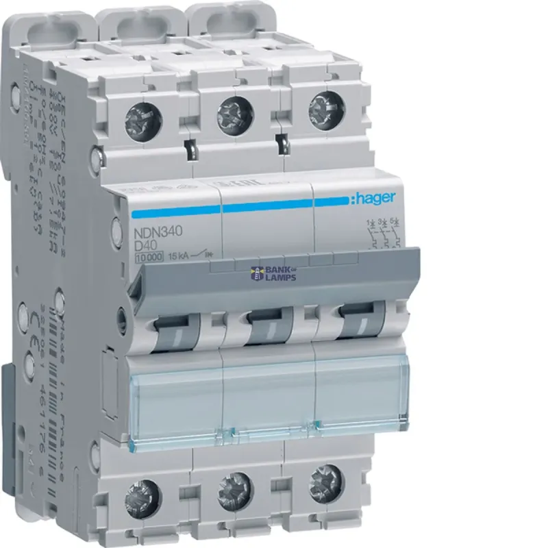 Hager Miniature Circuit Breaker 3P, 40 A D-Curve, 10 kA, 3M NDN340