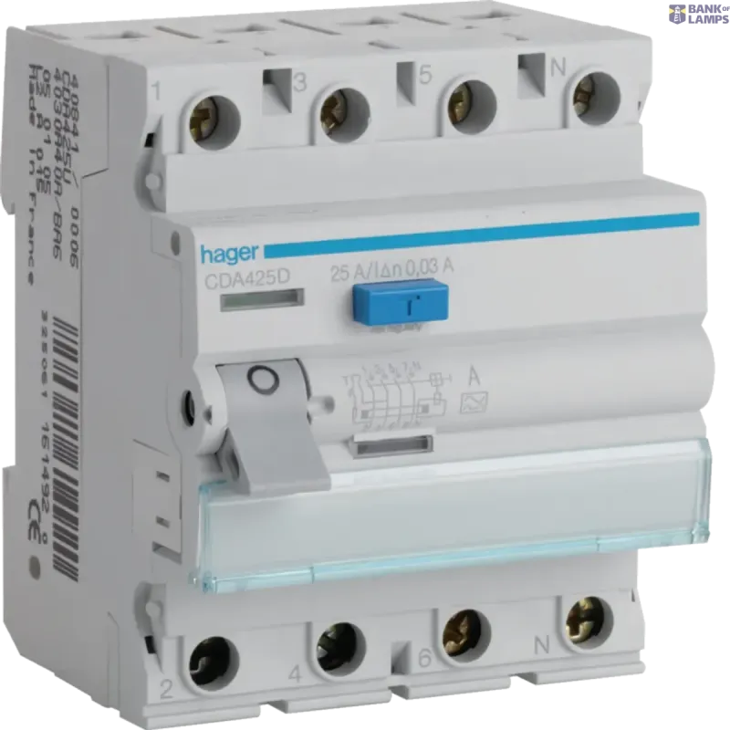 Hager Differential Switch 4P, 25 A, 30 mA, type A CDA425D