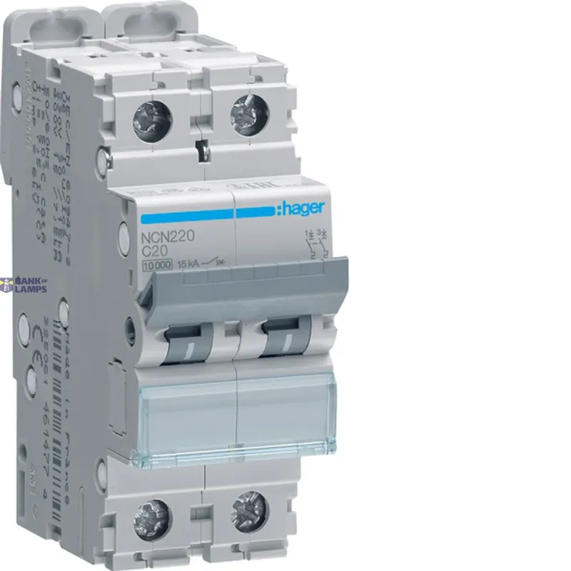 Hager Miniature Circuit Breaker 2P, 10 kA/15 kA C-20 A, 2M NCN220