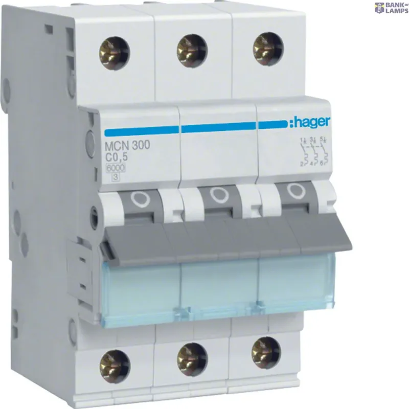 Hager Miniature Circuit Breaker 3P, 6 kA C-0.5 A, 3M MCN300