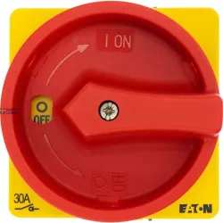 EATON 014374 — T3-1-102/EA/SVB Main switch, T3, 32 A, flush mounting, 1 contact unit(s), 2 pole, Emergency switching off function, With red rotary handle and yellow locking ring, L