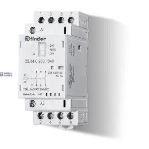 FINDER 223400244320 — Modular Contactor 35mm, 4NO, 25A, 24VUC, AgSnO2, Mechanical Indicator, LED FINDER 223400244320 — Modular Contactor 35mm, 4NO, 25A, 24VUC, AgSnO2, Mechanical Indicator, LED