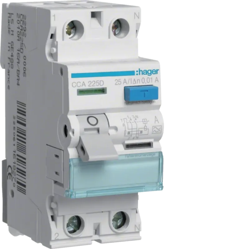 Hager Current Protector 2 pole, 25 A / 0.01 A, type A, 6 kA CCA225D