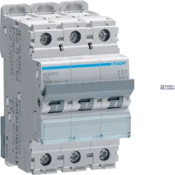 Hager NDN310 — автоматический выключатель 3P, 10 A D-Curve, 10 kA, 3M