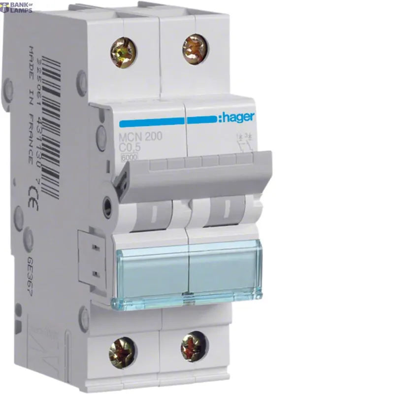 Hager Miniature Circuit Breaker 2P, 6 kA C-0.5 A, 2M MCN200