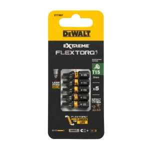 FLEXTORQ skrūvgriežu uzgaļi T15 25 mm, DeWALT, 5 gab. FLEXTORQ skrūvgriežu uzgaļi T15 25 mm, DeWALT, 5 gab.