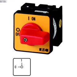EATON 011082 — T0-2-1/E-RT On-Off switch, T0, 20 A, flush mounting, 2 contact unit(s), 3 pole, Emergency switching off function, with red thumb grip and yellow front plate