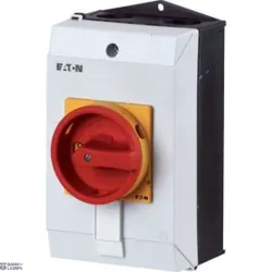 EATON 207319 — P1-32/I2/SVB/N Main switch, P1, 32 A, surface mounting, 3 pole + N, Emergency switching off function, With red rotary handle and yellow locking ring, Lockable in the EATON 207319 — P1-32/I2/SVB/N Main switch, P1, 32 A, surface mounting, 3 pole + N, Emergency switching off function, With red rotary handle and yellow locking ring, Lockable in the