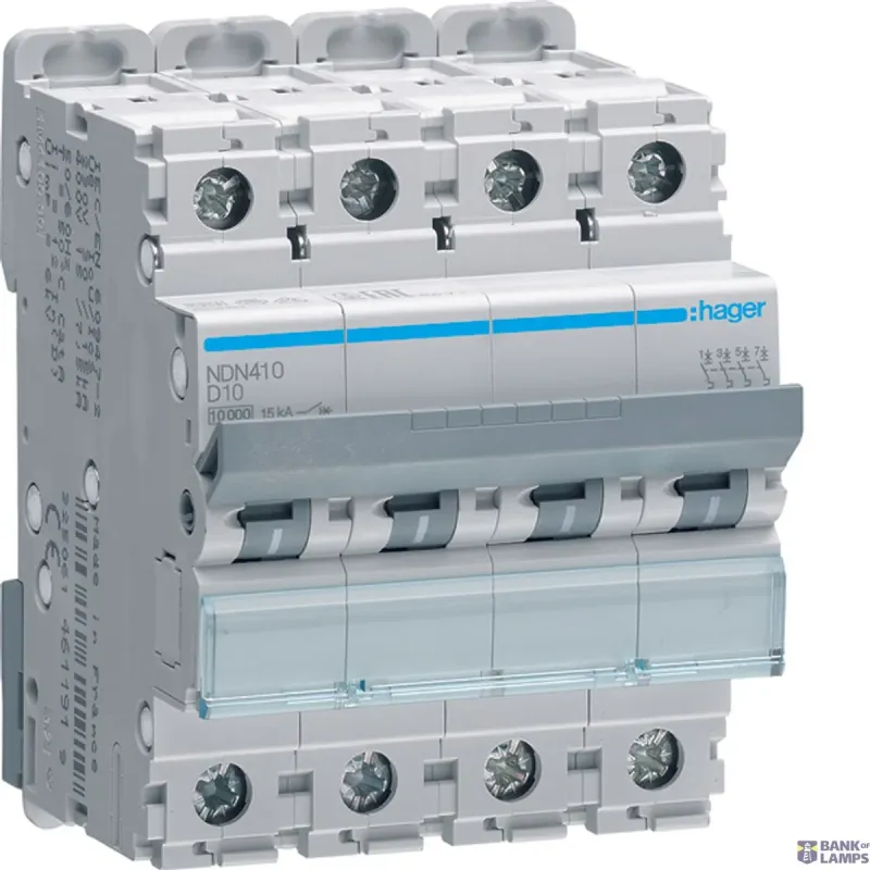 Hager Miniature Circuit Breaker 4P, 10 A D-Curve, 10 kA, 4M NDN410