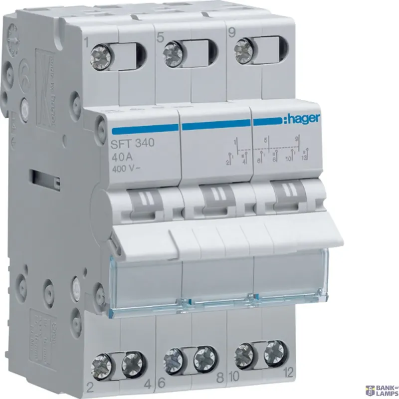 Hager Changeover Switch 3P, 40 A Centre Off Changeover, Top SFT340