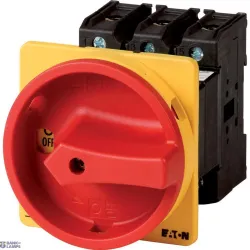 EATON 088558 — P3-100/V/SVB Main switch, P3, 100 A, rear mounting, 3 pole, Emergency switching off function, With red rotary handle and yellow locking ring, Lockable in the 0 (Of