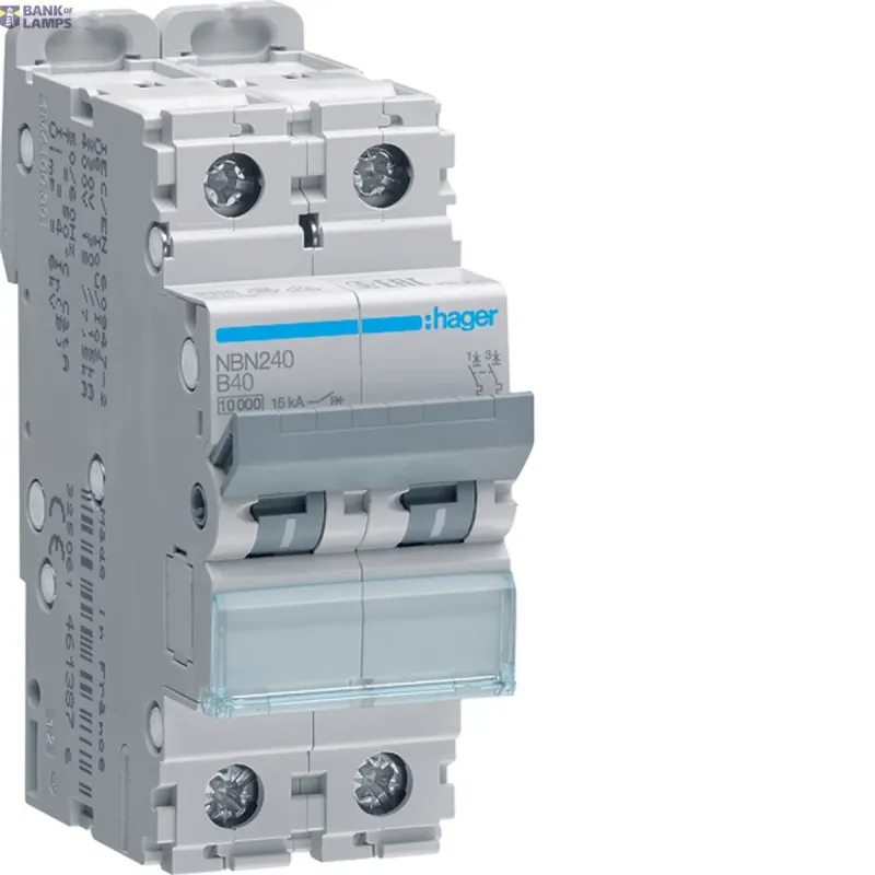 Hager Miniature Circuit Breaker 2P, 10 kA/15 kA B-40 A, 2M NBN240