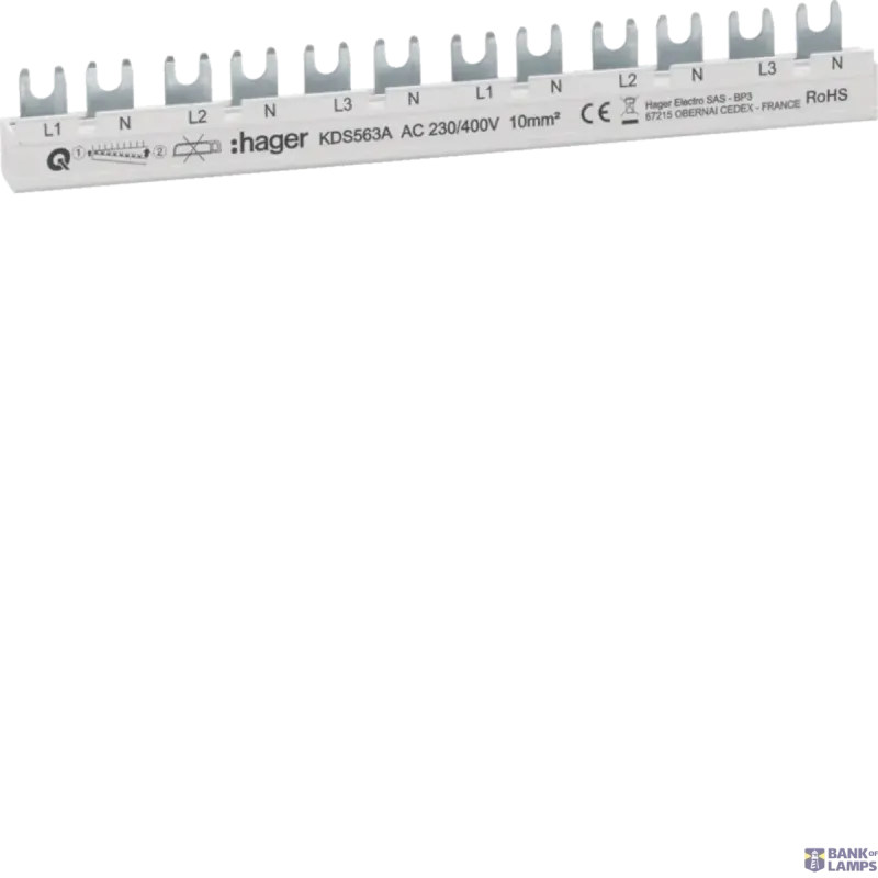 Hager Busbar Comb, 3P+N, 10mm2/12 modules. for 6 units 1+N (L1+N KDS563A