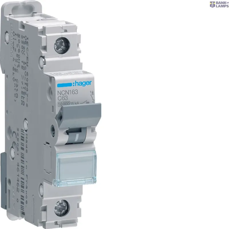 Hager Miniature Circuit Breaker 1P, 10 kA/15 kA C-63 A, 1M NCN163