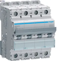 Hager NDN463 — автоматический выключатель 4P, 63 A D-Curve, 10 kA, 4M