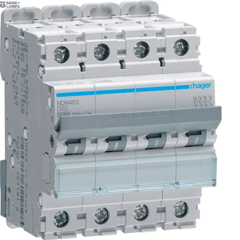 Hager Miniature Circuit Breaker 4P, 63 A D-Curve, 10 kA, 4M NDN463