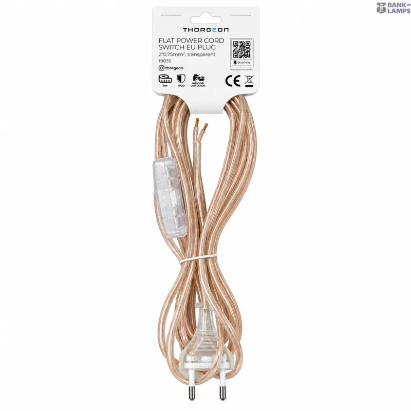 THORGEON Flat Cord 3m 2×0.75mm² 2.5A 250V~ IP20 Switch EU Plug 19035