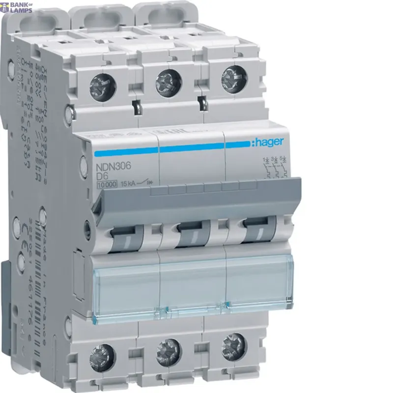 Hager Miniature Circuit Breaker 3P, 6 A D-Curve, 10 kA, 3M NDN306