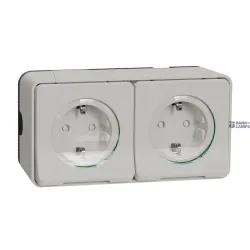 Schneider Electric MUR39035 — Double Socket Outlet Mureva Styl, 2P+E, 16 A, 250 V, IP55, IK08, Shutters, Side Earth, Surface-Mounted, White