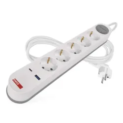 Extension bar 3 m / 5 kontaktligzdas / slēdzis / balts-pelēks / 1×USB-A + 1×USB-C / 1,5 mm2